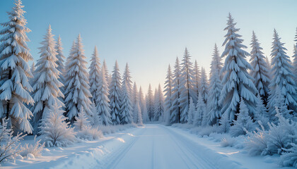 Serene Snowy Forest Path at Winter Dawn