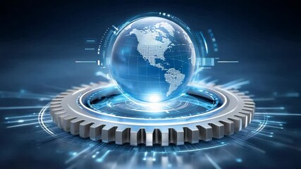 Digital globe cloud data storage technology with futuristic gear and glowing digital network interface showcasing advanced global data solutions - Powered by Adobe