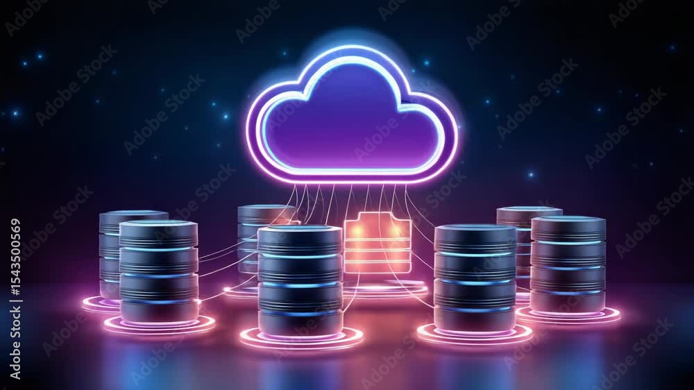 Poster cloud data storage technology with glowing neon cloud icon connected to multiple server database uni