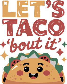 Naklejki Taco pun cartoon illustration. Cute food with face in vintage doodle style. Vector print.