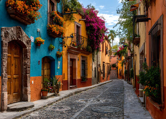 Obraz premium Vibrant colonial architecture lines cobblestone streets, adorned with blooming flowers, ornate balconies, and brightly colored facades, showcasing San Miguel de Allende's charming Mexican heritage.