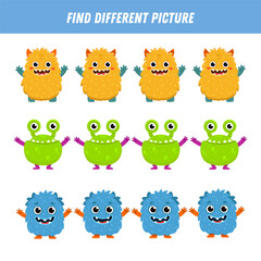 Find different monster each row. Logical game for kids. Cartoon monster. Flat illustration. Vector
