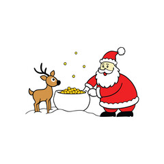 santa feeding reindeer with golden oats in snowy s
