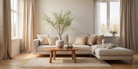 Serene living room interior design with neutral tones, featuring a sectional sofa, wooden coffee table, and natural branch arrangement