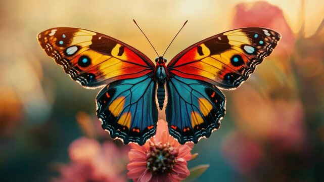 Vibrant Butterfly on Flower: A captivating butterfly, with its wings spread wide, rests delicately atop a vibrant flower, showcasing a dazzling array of colors and intricate patterns in soft focus.