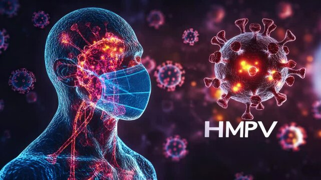 A visualization shows a masked human figure alongside a representation of the HMPV virus. This highlights the importance of awareness and protection against respiratory infections.
