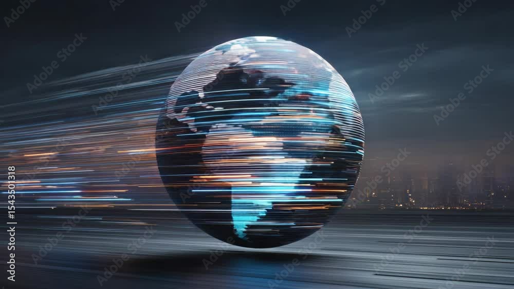 Poster digital globe with fast data transfer lines representing cloud data storage, global network connecti