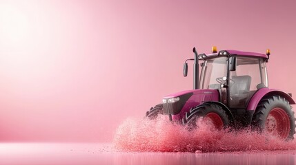 Fototapeta premium A striking pink tractor creating a splash of vibrant color on a smooth surface, symbolizing creativity and modern industry in an unexpected, artistic context.