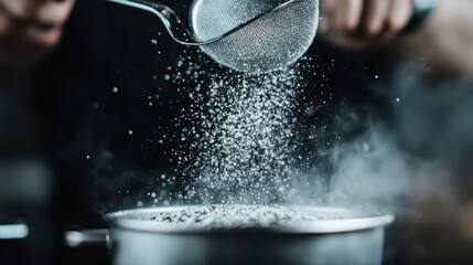 A chef sifting flour into a pot, showcasing the essential process of culinary creation, with steam rising and inspiring a sense of gastronomic artistry and creativity.