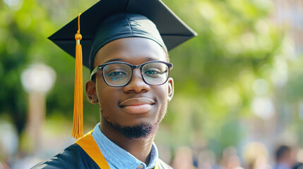 A young man in a graduation cap and gown, standing outdoors with a blurred background of trees and greenery.