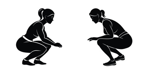 Active Woman Squatting in Side View Flat Silhouette on White Background