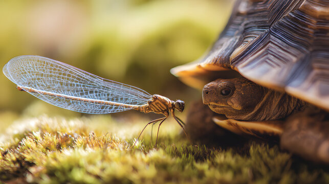 Mayfly wing and tortoise shell on moss, fleeting and enduring life contrasted