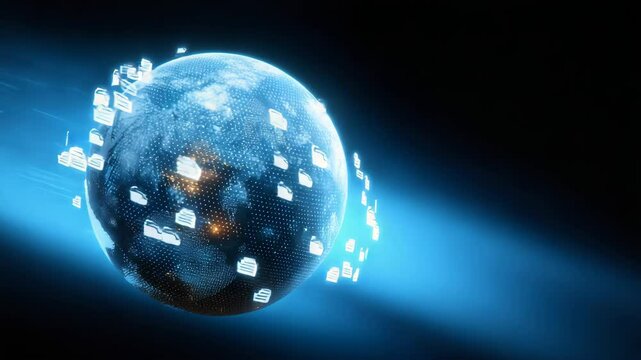 Digital globe with glowing data files and floating folder icons represents cloud data storage technology for global digital file transfer and secure