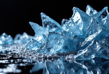 Obraz premium Close-up of jagged ice crystals reflecting on a dark surface with copyspace for text