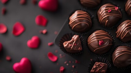 Fototapeta premium Chocolate Truffles with Hearts, and Rose Petals.