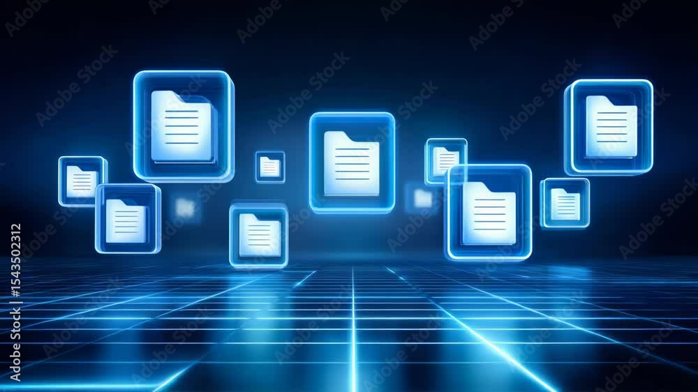 Poster digital file icons float above glowing grid representing cloud data storage with futuristic technolo