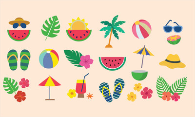 Summer beach sticker set with cute tropical elements.