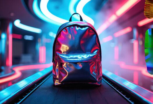 Futuristic metallic backpack displayed on a moving walkway with vibrant neon lights