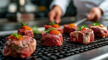 This image captures the sizzling moment of juicy meat fillets being grilled to perfection, garnished with fresh herbs, emphasizing the delicious aroma and culinary artistry involved.