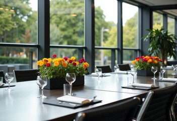 Fototapeta premium Modern conference room with large windows and vibrant floral centerpieces for meetings