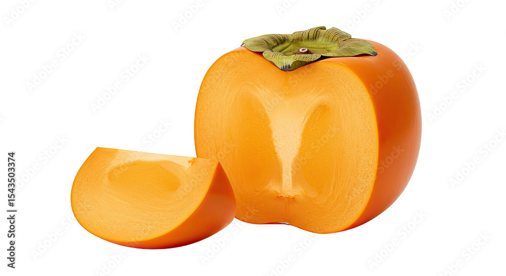 Poster a fresh ripe persimmon fruit cut open with a slice isolated on a black background