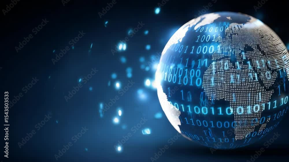 Poster digital globe with binary code representing cloud data storage and global technology network showcas