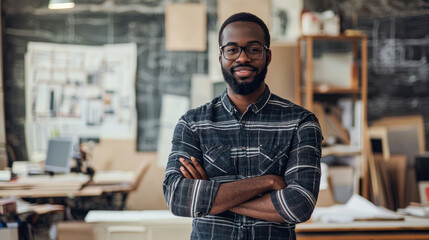 Obraz premium A young man in a black and white striped shirt stands confidently in a cluttered office with a blackboard in the background.