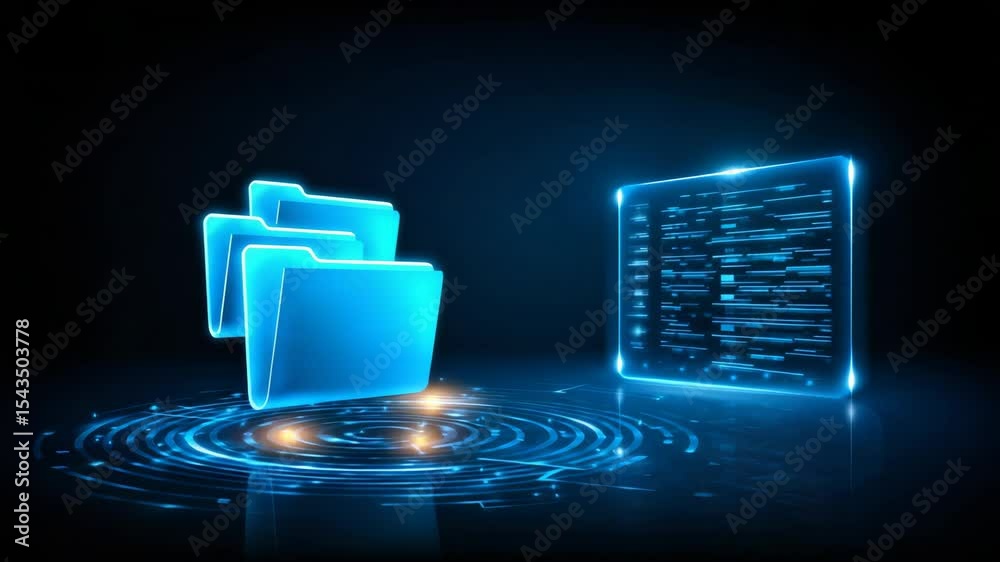 Poster digital cloud data storage with glowing folder and code interface in futuristic blue technology desi