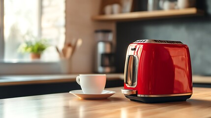 On the kitchen table is a red toaster and a cup of coffee