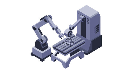 Automation in industrial manufacturing with robotic arm technology isometric style vector illustration