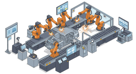 Robotic assembly line with industrial robotics for automotive manufacturing isometric style vector illustration © Santiago