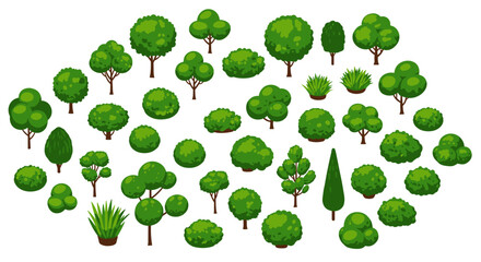 Diverse collection of cartoon green trees and bushes for nature design projects isometric style vector illustration
