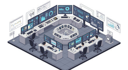 Advanced security operations center with monitors and control panels for cybersecurity management isometric style vector illustration