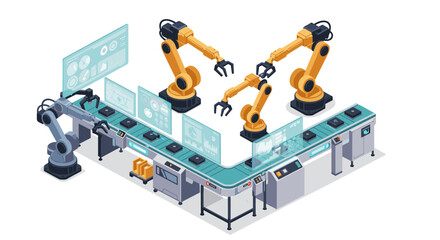 Automated robotic assembly line with high tech control panels for efficient manufacturing processes isometric style vector illustration