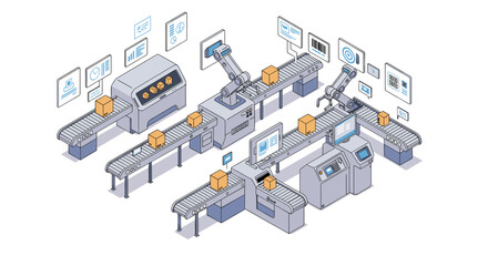 Modern automated production line with robotic arms and conveyor belts isometric style vector illustration