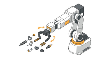 Robotic arm with exploded parts diagram for engineering and design concepts isometric style vector illustration © Santiago