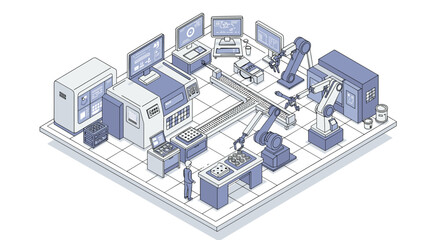 Obraz premium Automated industrial manufacturing facility with robotics and computerized systems isometric style vector illustration