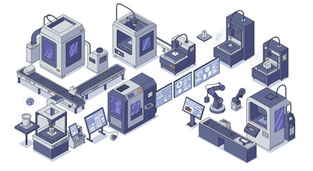Advanced manufacturing and automation in a modern factory environment isometric style vector illustration