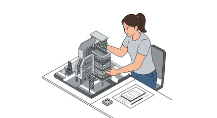 Architectural model building in progress by female architect for educational project design isometric style vector illustration