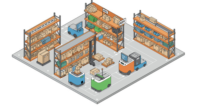 Automated warehouse with agv robots and shelving system for efficient inventory management isometric style vector illustration