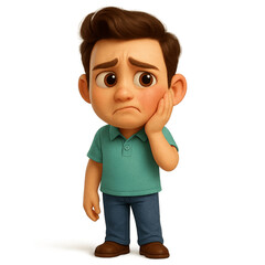 Cartoon boy looking worried with hand on face  