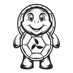 Fototapeta premium Cheerful Turtle Cartoon with Leaf Design on Shell - Hand Drawn Illustration for Conservation or Environment Education in Black and White. 