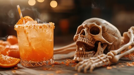 A creatively designed cocktail next to a skull evokes both a spooky vibe and a sense of celebration, perfect for Halloween gatherings or themed parties with friends.