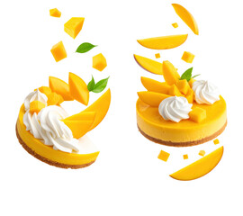 Delectable Mango Mousse Cake Slices with Fresh Mango Chunks and Whipped Cream against Transparent Background