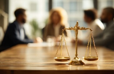 Golden scales of justice sit on a table surrounded by blurred figures in what appears to be a meeting