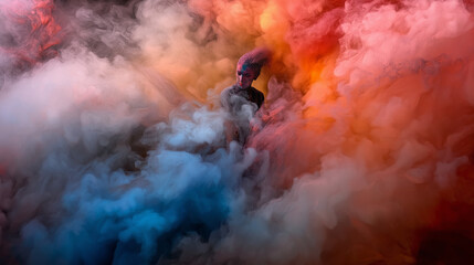 Fototapeta premium A Stunning Artistic Portrait Featuring Colorful Smoke and an Intriguing Silhouette
