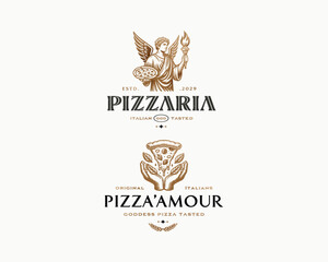 Vintage classic delicious goddess pizza restaurant logo template 