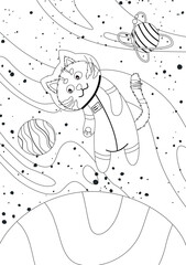 coloring page with a cat astronaut in outer space among the planets