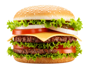 Burger with layers separated, isolated on transparent background.