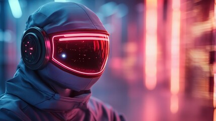 A sleek, futuristic helmet adorned with a bright neon visor, encapsulating elements of cyberpunk aesthetics and technology's intriguing blend of form and function.